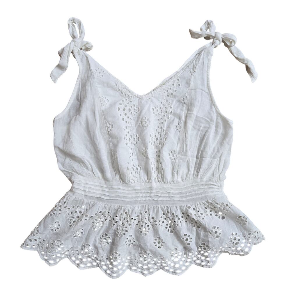 Cynthia Rowley Womens Cottagecore Boho Tie -strap Peplum White Eyelet Tank Top L